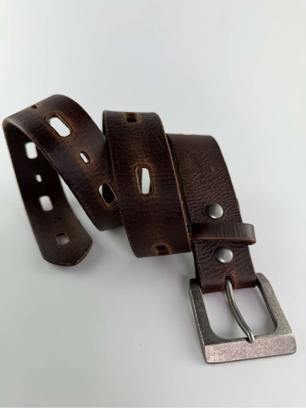 Vintage Y2K Perforated Leather Belt with Silver Tone Square Buckle Size 32 Brown - Picture 4 of 7